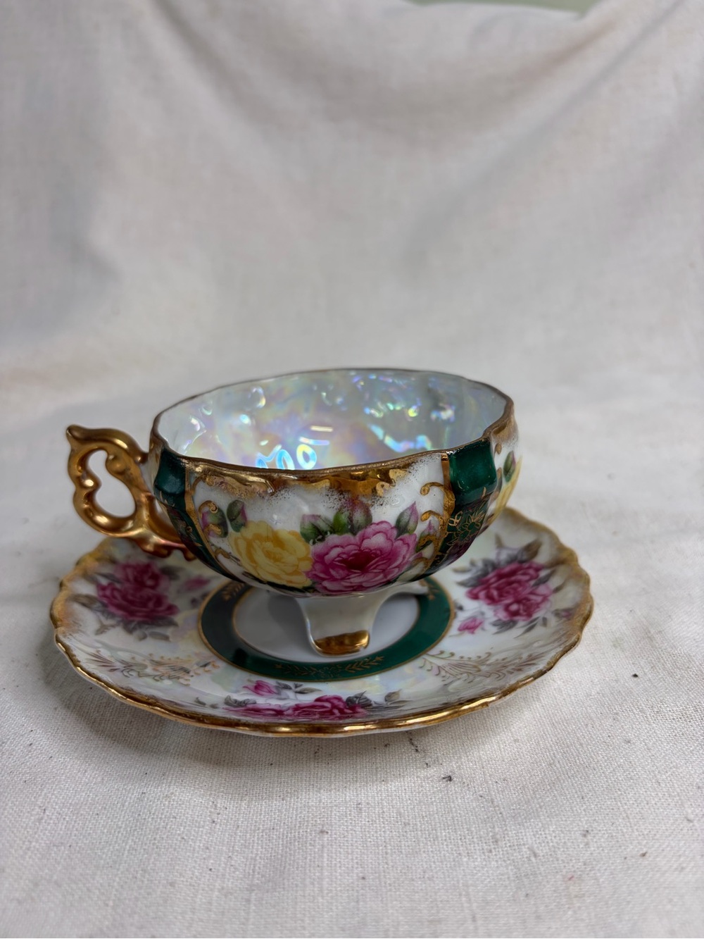 Craft Iridescent Porcelain Teacup with Green Band and Gold Handle